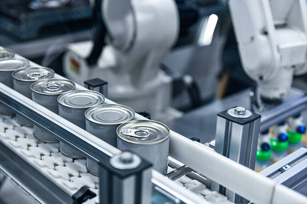 Canned food products on conveyor belt